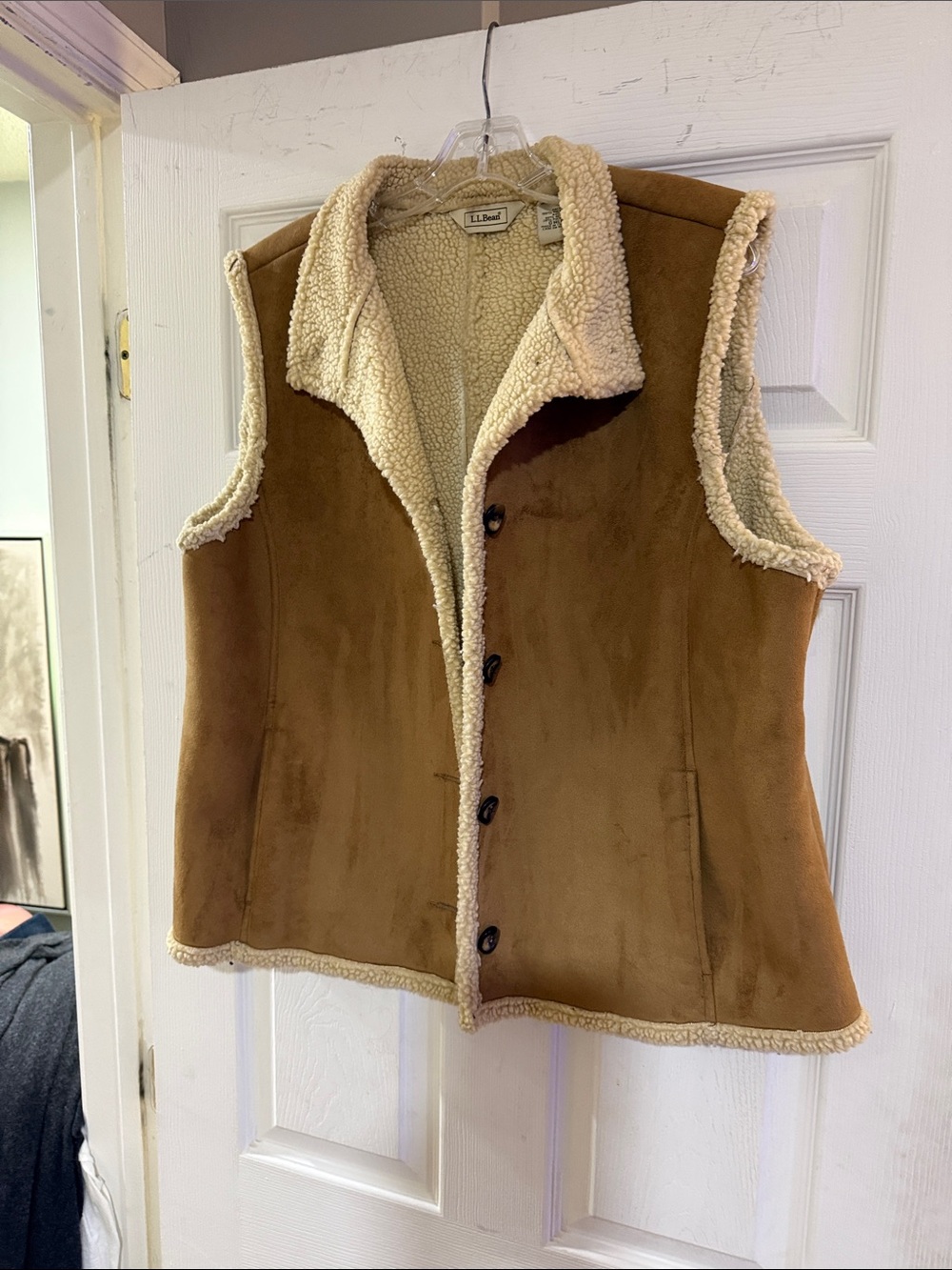 L.L. Bean Women's Brown Suede-Look Sherpa Vest with Cream Lining